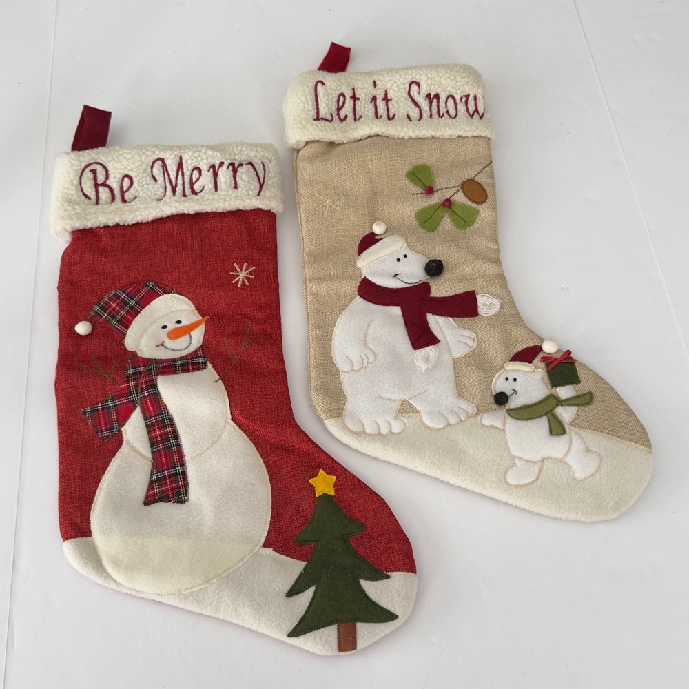 Set of 2 Christmas Stockings Be Merry‎ Snowman Let it Snow Polar Bear Rustic Red